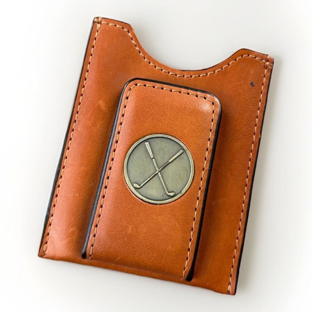 Leather Money Clip Wallet Golf Theme Brown Front Pocket Card Holder
